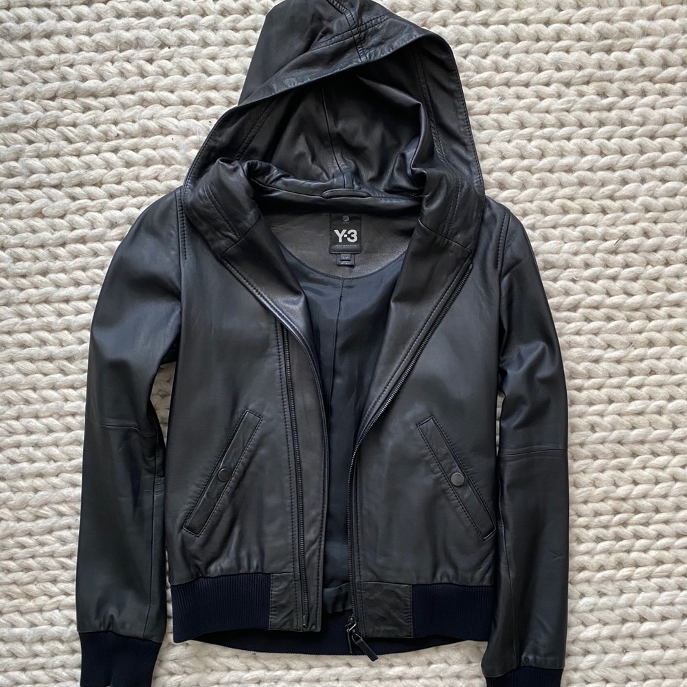 Y3 lamb skin leather hoodie bomber jacket